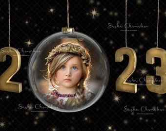 Digital backdrop background newborn  boy or girl Christmas  family , sitters  globe  globe  hanging ornament  New Year 2022 2023