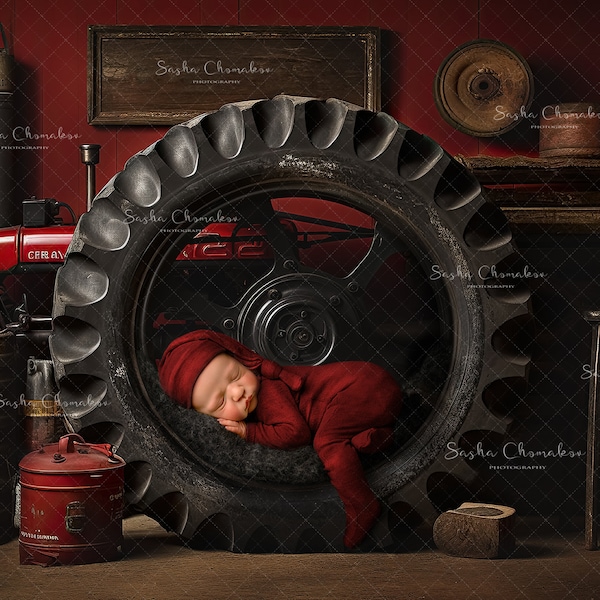 Digital backgrounds , backdrops overlays  vintage tire in front of shelf with  auto  mechanic car stuff garage