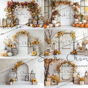 May include: A digital backdrop featuring 10 different autumn-themed scenes with fall foliage, pumpkins, and lanterns. Each scene includes a white archway and a variety of decorative elements.