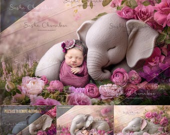 2 different Digital backgrounds backdrops newborn baby boy girls bum up or overhead  Ai generated Elephant  with flowers 