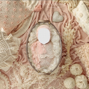 Digital backdrop background newborn   girl bed  boho pink peach  dry flowers overhead light insert