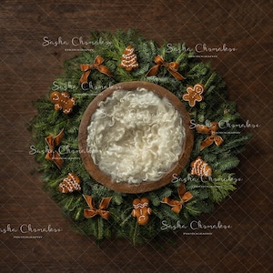 Digital backdrop, background newborn baby girl boy dark brown , Christmas overhead  wreath gingerbread ginger bread