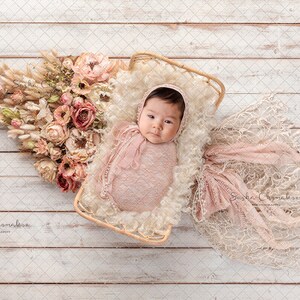 Digital backdrop background newborn   girl bed  boho pink peach  dry flowers overhead light