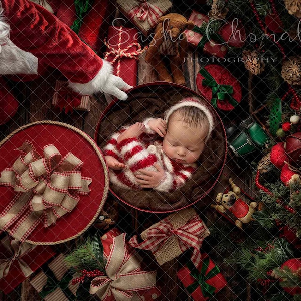 Digital backdrop, background newborn baby girl or boy brown  blanket Christmas  overhead look gifts gift boxes under the tree Santa