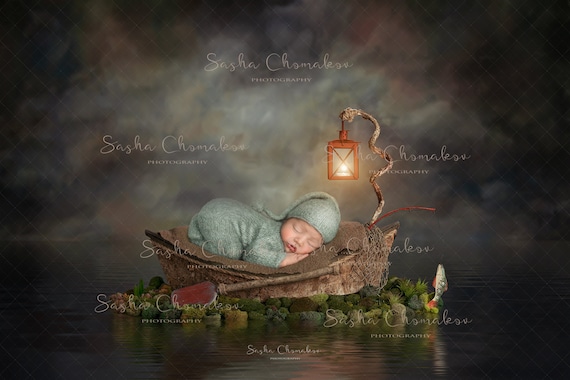 Digital backdrop background newborn girl or boy browns , boat fishing moon.  night water reflection nautical
