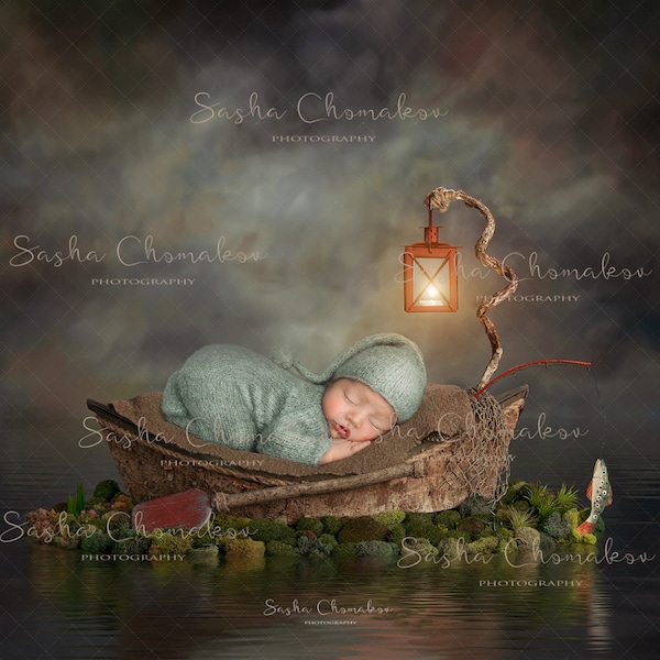 Digital backdrop background newborn   girl or boy  browns    ,  boat fishing moon. night  water  reflection nautical