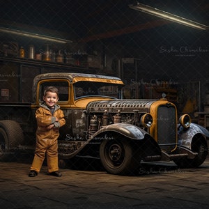3 different Digital backgrounds , backdrops overlays  vintage cars , yellow red blue , auto  mechanic garage