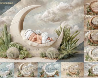 9  Digital backgrounds backdrops newborn baby girls boys bum up pose moons with cactuses  boho  Ai generated