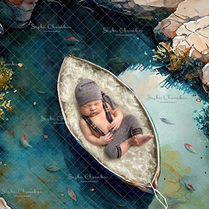 Digital backdrop, background newborn baby boy or girl , boat fishing  lake garden  overhead  watercolor Spring Summer
