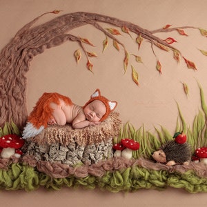 Digital backdrop, background newborn baby girl boy  forest appeal Fall tree trunk fox mushrooms  felted brown green  floor art