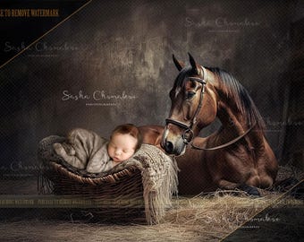 2 different Digital backgrounds backdrops newborn baby boy girls bum up Ai generated horses, farm  foal cowboy cowgirl barn 