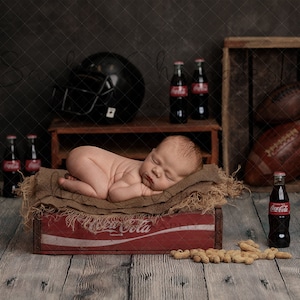 Digital backdrop, background newborn baby girl or boy vintage football Coca Cola brown blanket