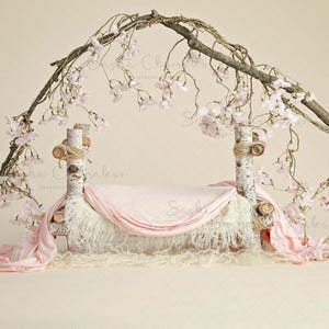 digital backdrop  background newborn baby girl bed peach cherry blossoms