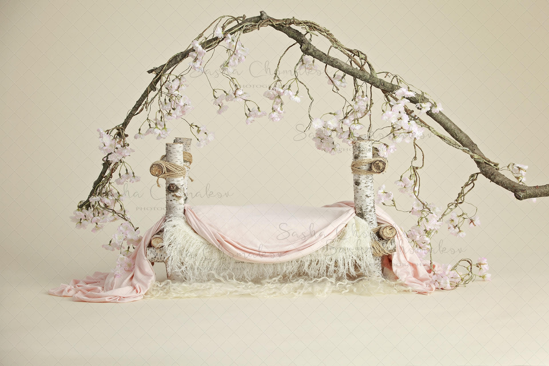 Digital Backdrop Background Newborn Baby Girl Bed Peach Cherry Blossoms