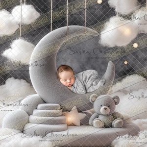 May include: A newborn baby sleeping in a gray crescent moon prop, surrounded by fluffy white clouds and a gray teddy bear. The scene is decorated with twinkling lights and a star.