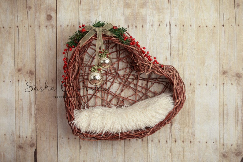 background newborn baby girl or boy toddler hanging basket heart Christmas cream white blanket Digital backdrop