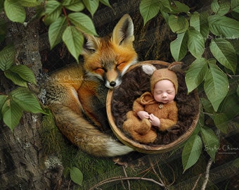 May include: A sleeping red fox curled around a brown wicker basket with a baby wearing a brown knitted outfit inside. The basket is filled with brown faux fur and the baby is looking at the camera.