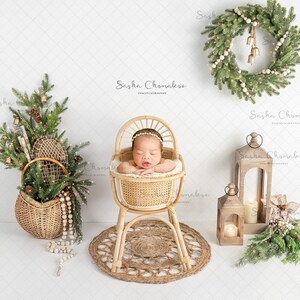 Digital backdrop, background cream white  naturals newborn   baby girl or boy  boho rattan   pram Christmas bucket pose