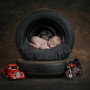 Digital backdrop, background newborn  baby girl or boy , dark gray mechanic  tire tires garage