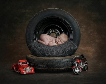 Digital backdrop, background newborn  baby girl or boy , dark gray mechanic  tire tires garage