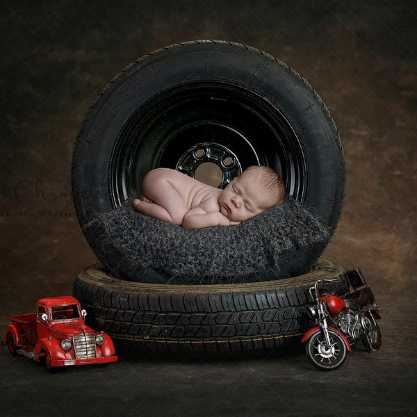 Digital backdrop, background newborn  baby girl or boy , dark gray mechanic  tire tires garage