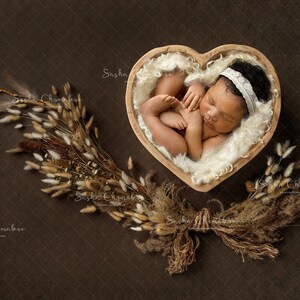 Digital backdrop background newborn   girl or boy boho dark, browns  overhead  heart Valentines day v-day dry flowers white fur