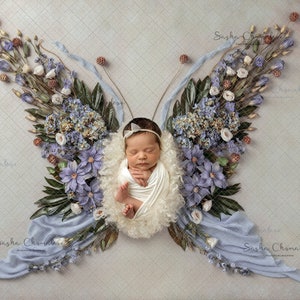 Digitale Kulisse Hintergrund Neugeborene Mädchen Schmetterling boho lila und blau Kopffell Decke Blumen und Seide floral