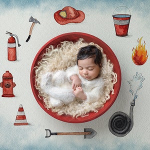 Digital backdrop background newborn baby  girl or boy firefighter overhead white curls  wooden bowl first responder