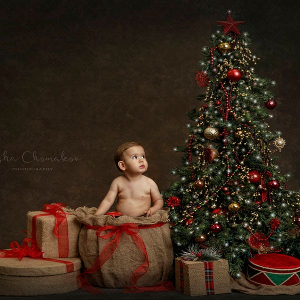 Christmas backdrop family traditional dark brown tree  sitter toddler underneath the tree burlap