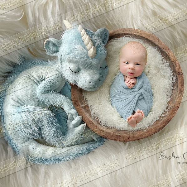 Digital backgrounds backdrops newborn girl boy overhead real bowl  with real wool composited with  Ai generated  background dinosaur blue