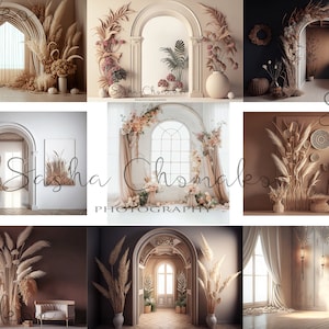 May include: Nine digital backdrops featuring arches, windows, and walls decorated with dried pampas grass, flowers, and other natural elements. The backdrops are in various shades of beige, brown, and white.