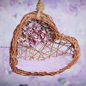 Digital backdrop  background newborn baby girl flower purple fairy tail hanging basket heard Valentine&#39;s day