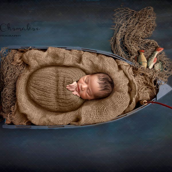 Digital backdrop, background newborn baby girl or boy boys boat ship gone fishing overhead look brown fisherman