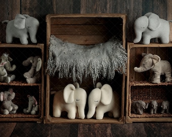 Digital backdrop background newborn boy or girl , elephants side pose , gray elephant crates wood floor