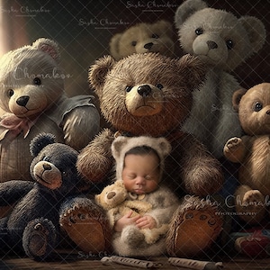 Puede incluir: Un grupo de osos de peluche de varios colores y tamaños rodean a un bebé dormido que lleva un atuendo de punto de color crema. Los osos están dispuestos en círculo alrededor del bebé, con la cabeza inclinada hacia el centro. El bebé sostiene un pequeño oso de peluche en sus brazos.