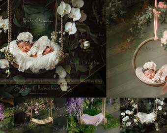 5 different Digital backgrounds backdrops newborn baby boy girls bum up Ai generated moon with flowers   wreath  white purple pink 