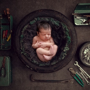 Digital backdrop, background newborn  baby girl or boy , dark gray mechanic  tire tires garage  green