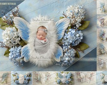 12  Digital backgrounds backdrops newborn baby girls  overhead pose painted butterflies blue    Ai generated 