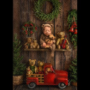 Digital backdrop, background newborn baby girl boy dark brown , Christmas , on the shelf truck bears  elf