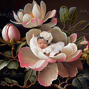 Telón de fondo digital, fondo recién nacido niña, pintado a mano magnolia rosa flores florales blancas Primavera Verano crema Pascua