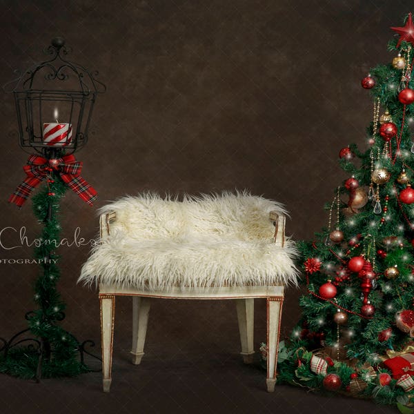 Christmas backdrop family traditional dark brown tree  fur bench white cream sitter toddler