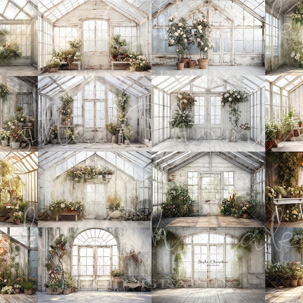 16 jpg files Digital backdrop, backgrounds  maternity , family children  Ai generated White rustic greenhouse set 1