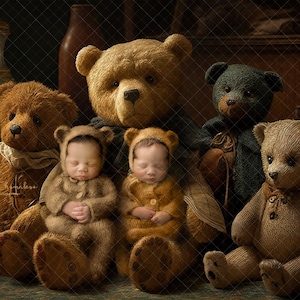 Digital backdrop, background newborn baby girl or boy brown teddy bears  created in Ai twins