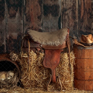 Digital backdrop background newborn   girl or boy cowboy , cowgirl  , browns  barn  , horse saddle
