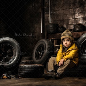 4 files Digital backgrounds , backdrops overlays  vintage rusty tires black yellow, gray auto  mechanic messy garage