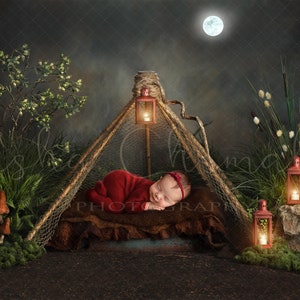Digital backdrop background newborn   girl or boy  browns   ,   fishing moon. night  tent , forest camping , hunting , fishing