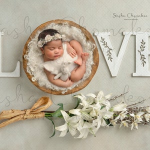 Digital backdrop, background newborn baby girl or boy cream fur white lily   Valentine&#39;s day v-day  spring love