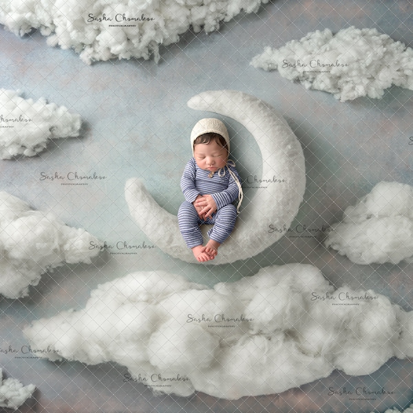 Fondo digital, fondo recién nacido bebé niño luz luna blanca crema nubes cielo azul en lo alto