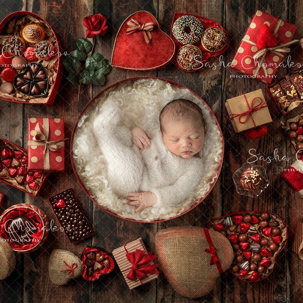 Digital backdrop background newborn baby girl boy love hearts rose red candy chocolate Christmas valentines day  sweet creations v-day dark