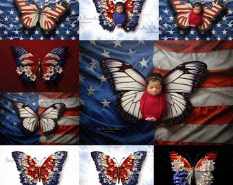 5jpg file Digital backdrop, backgrounds newborn baby Independence day patriotic butterflies set 2 USA 4th of July   Ai generated